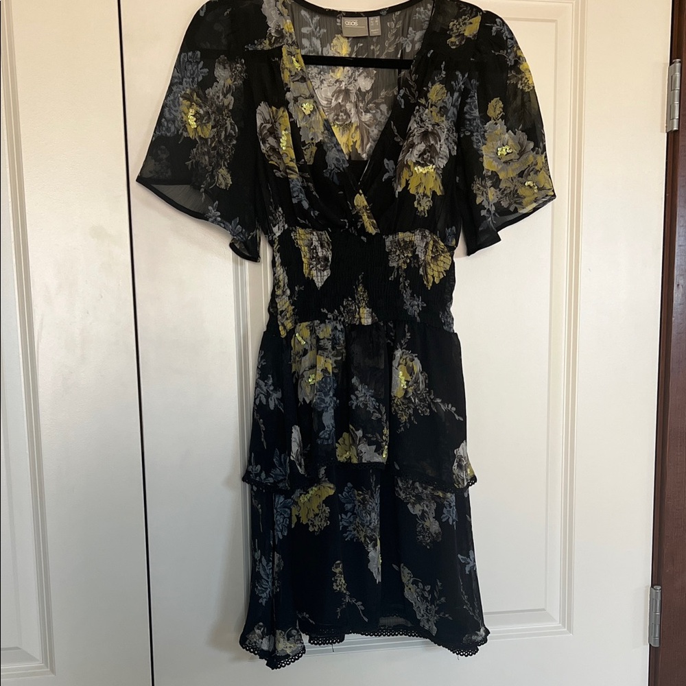 ASOS Black and Yellow Floral Mini Dress chiffon